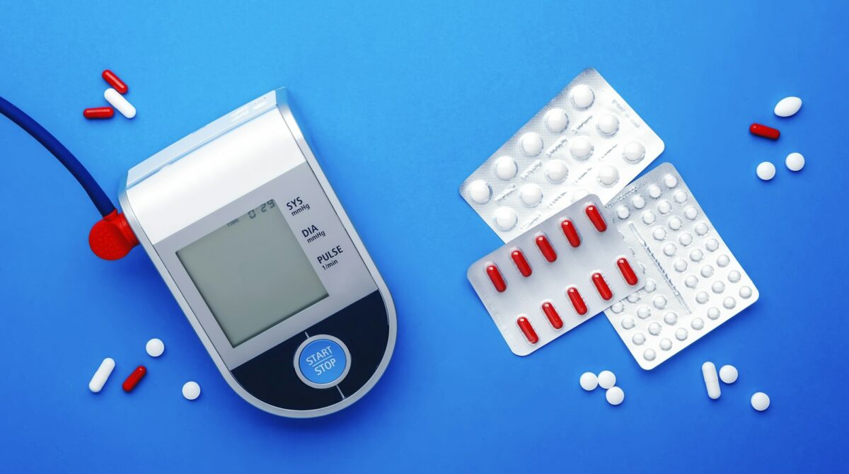 Automatic Tonometer, tablets, pills and red-white capsules for hypertension