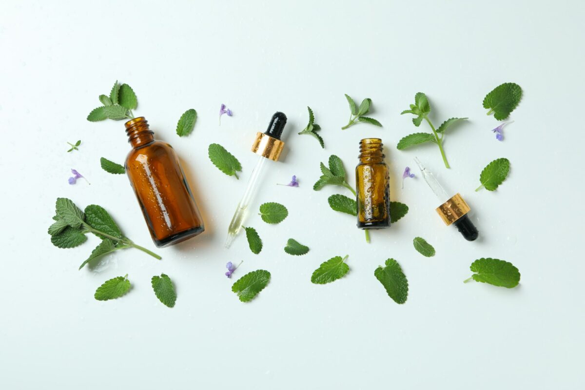 Concept of aromatherapy with mint, top view