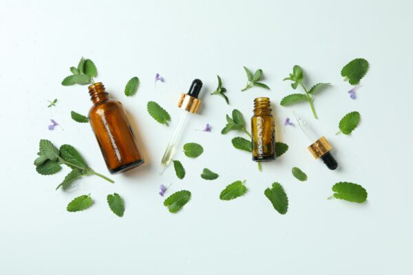 Concept of aromatherapy with mint, top view