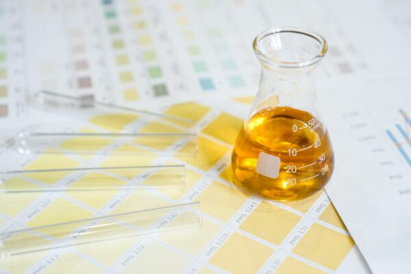 Flask and test tubes with urine on medical color schemes. Concept of analyzes