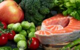 Healthy food. Selection of healthy food fish, vegetables, antioxidants and sources of omega 3