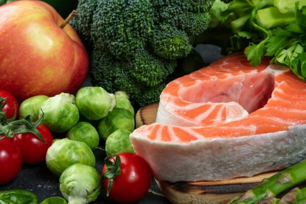 Healthy food. Selection of healthy food fish, vegetables, antioxidants and sources of omega 3
