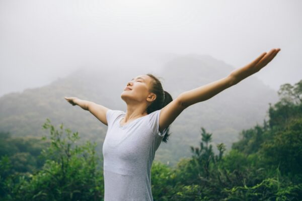 Breathing fresh air in spring forest