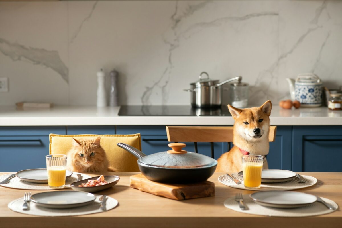 Funny pets. Dog and cat waiting for breakfast on a chairs his owners