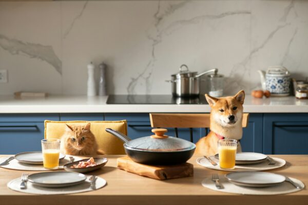 Funny pets. Dog and cat waiting for breakfast on a chairs his owners