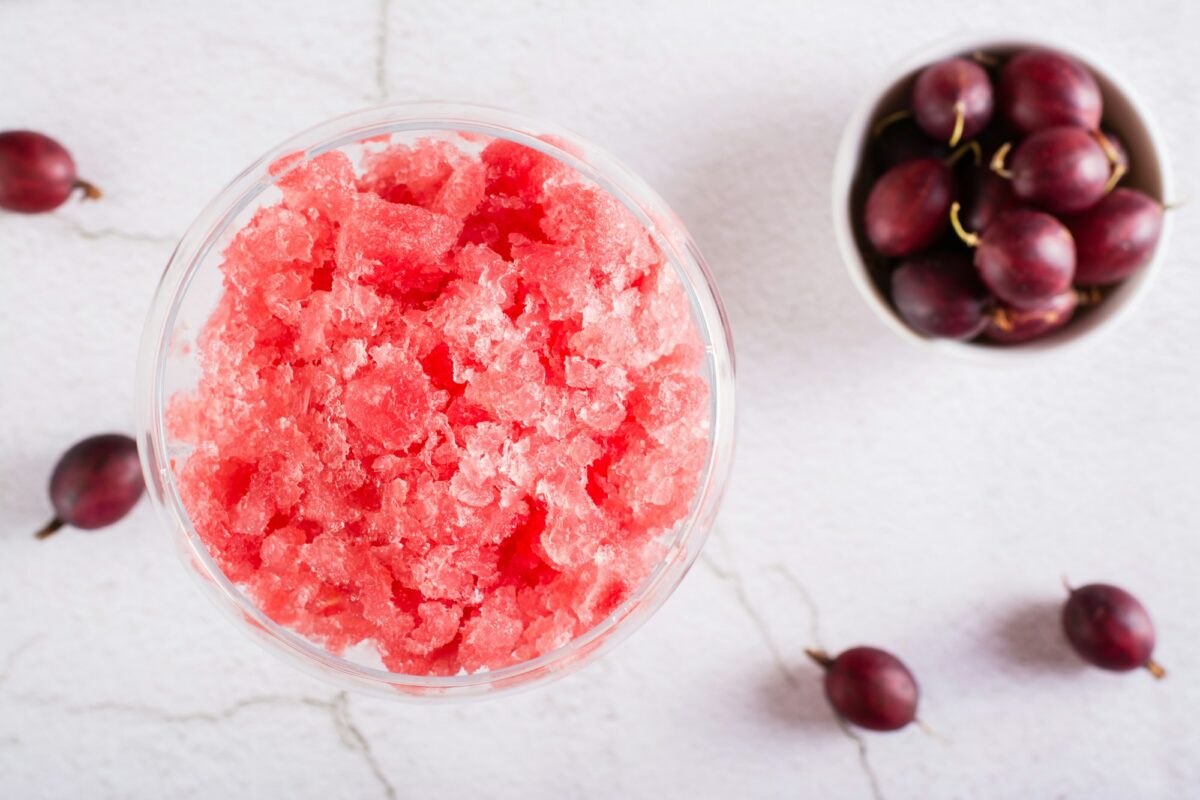Summer drink frozen wine slushy in glasses. Refreshing alcoholic cocktail. Top view. Closeup
