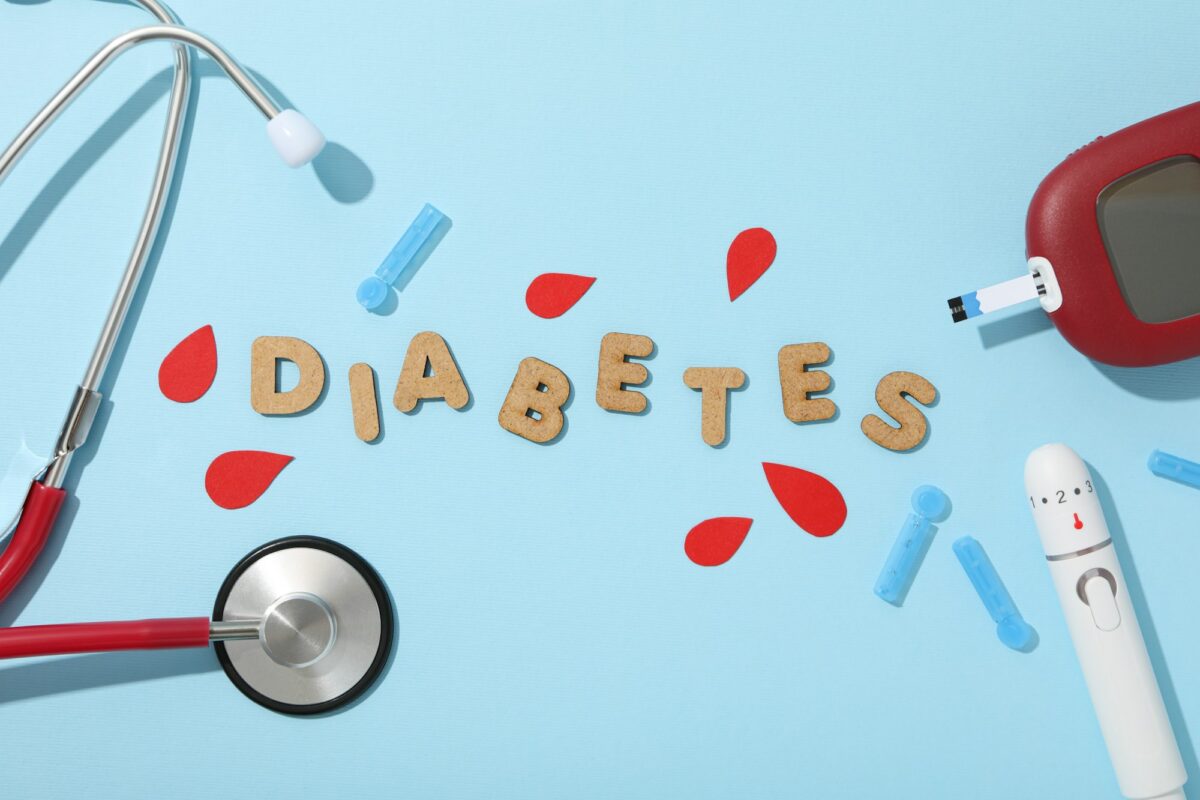 Medical equipment for diabetics and the word Diabetes on blue background, top view
