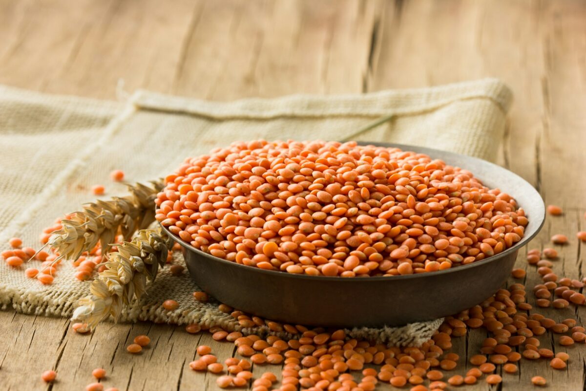 Red raw lentils in a bowl. The concept of vegetable protein.