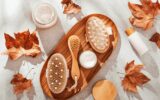Autumn beauty care cosmetics and accessories plastic free flat lay