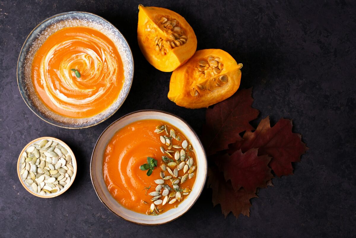 Thanksgiving vegetarian pureed soup, pumpkin cream soup.