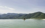 Woman relaxing in thermal spring, Hierve el Agua, Oaxaca, Mexico.