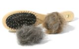 Wooden brush for combing animal fur and gray balls of cat fur on a white background