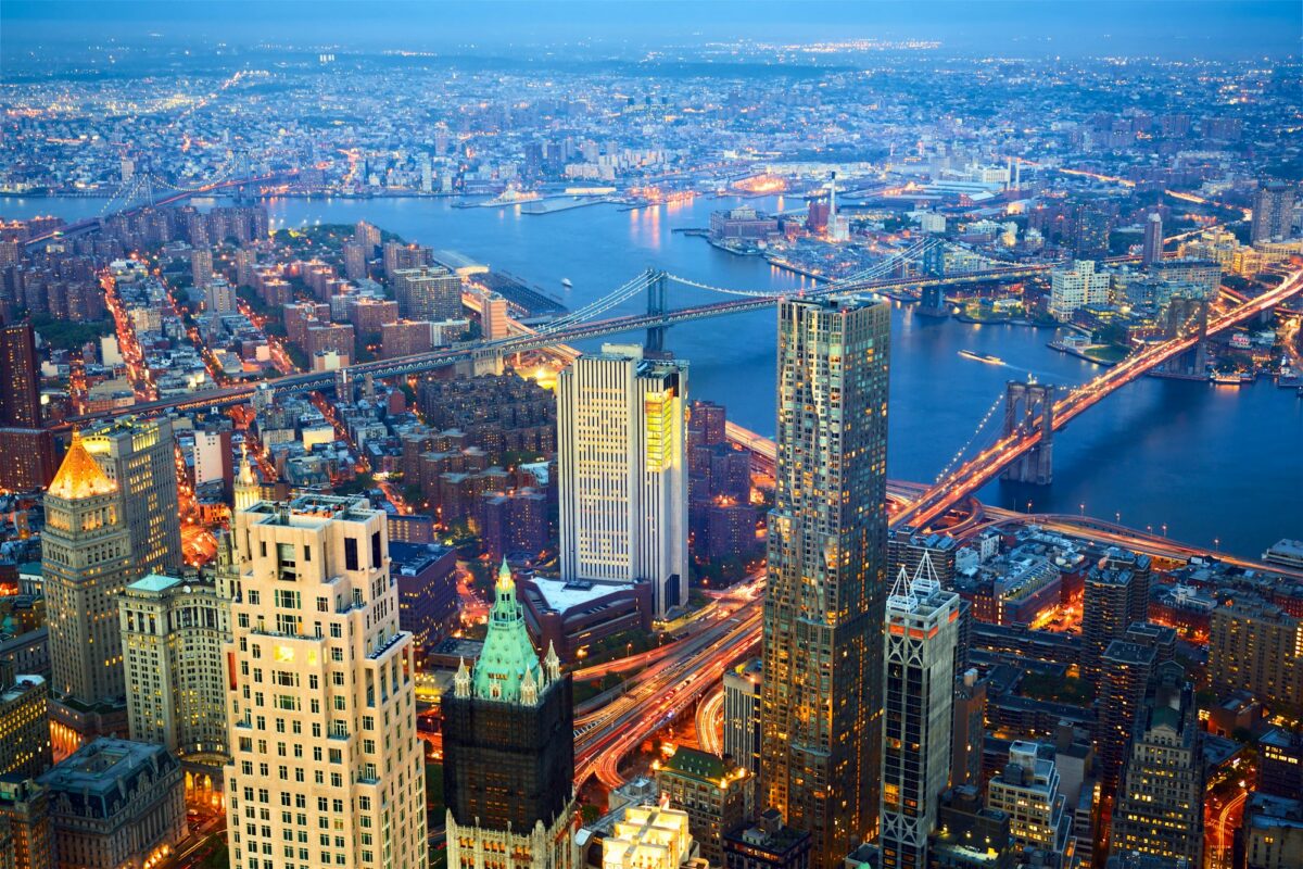 Aerial view of New York City at dusk
