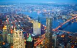 Aerial view of New York City at dusk