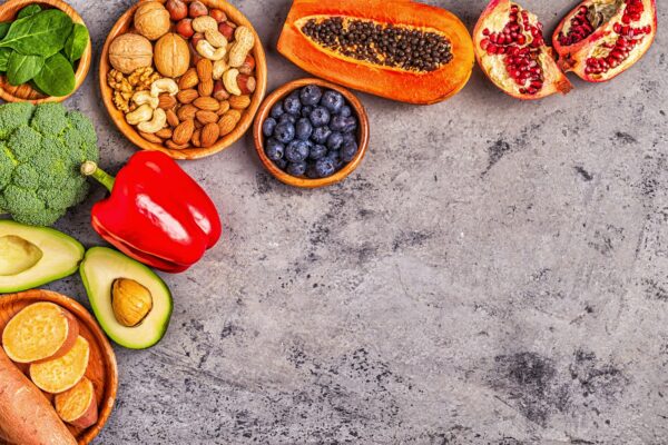 Anti-aging food - healthy fruits, vegetables, nuts.