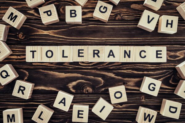 flat lay with arranged wooden blocks in tolerance word on brown wooden surface