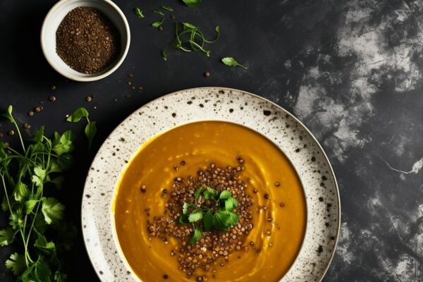 Lentils soup on a dark background