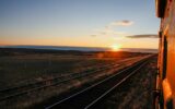Sunrise seen from the window of a trans-siberian train, in a journey across Mongolian steppe