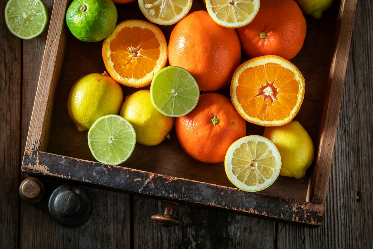 Sweet mix of citrus fruits with on wooden table