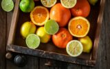 Sweet mix of citrus fruits with on wooden table