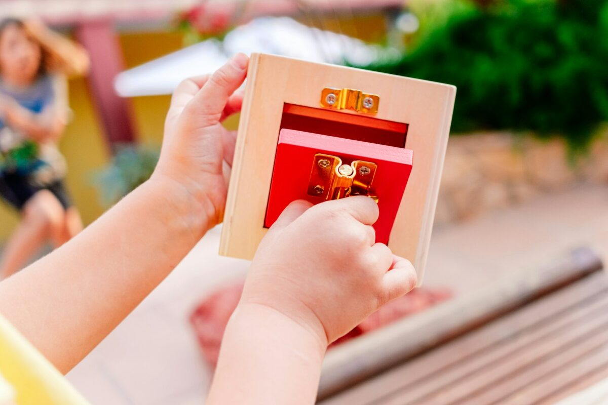 Wooden boxes with locks, educational montessori material to manipulate objects