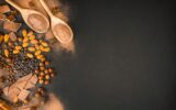 Chocolate background from different types of nuts, chocolate slices, coffee beans and cocoa.