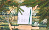 Christmas menu plan or recipe on green rustic wooden background